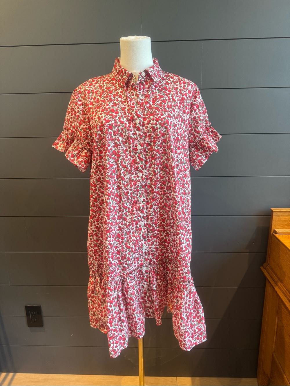 J. Crew Liberty Fabric Floral Shirt Dress Pink, Red Button Front Ruffle Hem